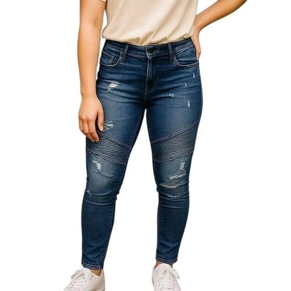 KanCan Moto Crop Jeans Size 27 29X29.5 Skinny Tapered Distressed Ribbed Raw Hem - Picture 1 of 15